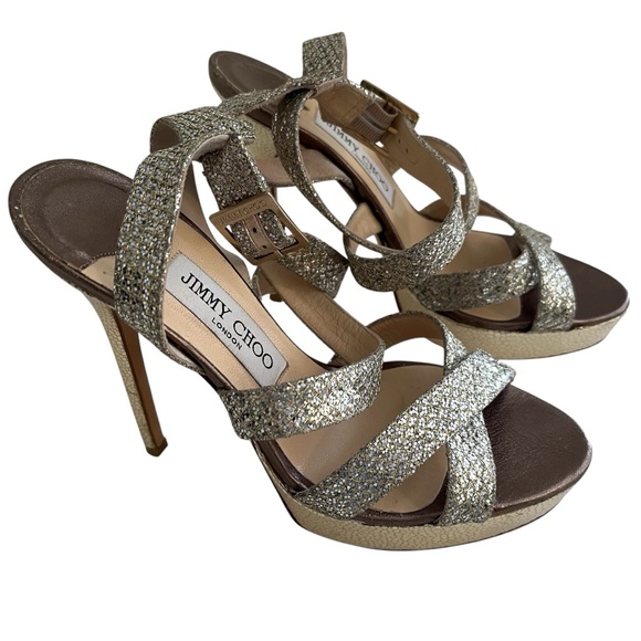 Jimmy Choo "Choi" Vamp Champagne Metallic Snakeskin Embossed Platform Sandal 37 - Picture 1 of 11